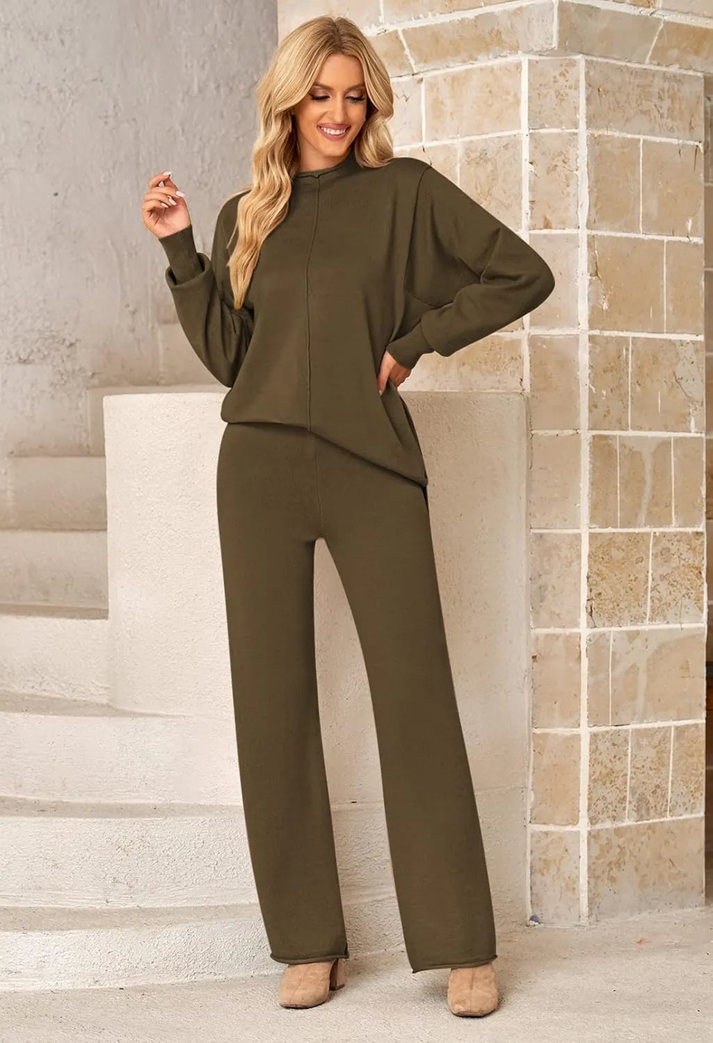 Linsery Women 2 Piece Sweater Sets High Neck Knitted Pullover Wide Leg Casual Sweatsuit