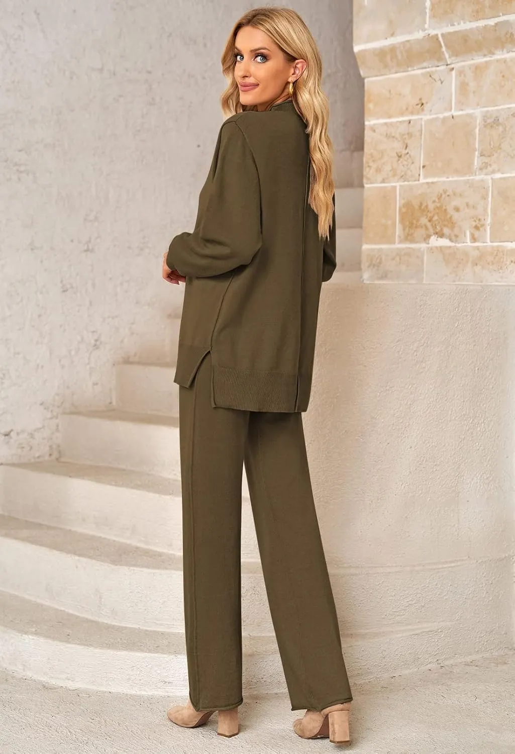 Linsery Women 2 Piece Sweater Sets High Neck Knitted Pullover Wide Leg Casual Sweatsuit