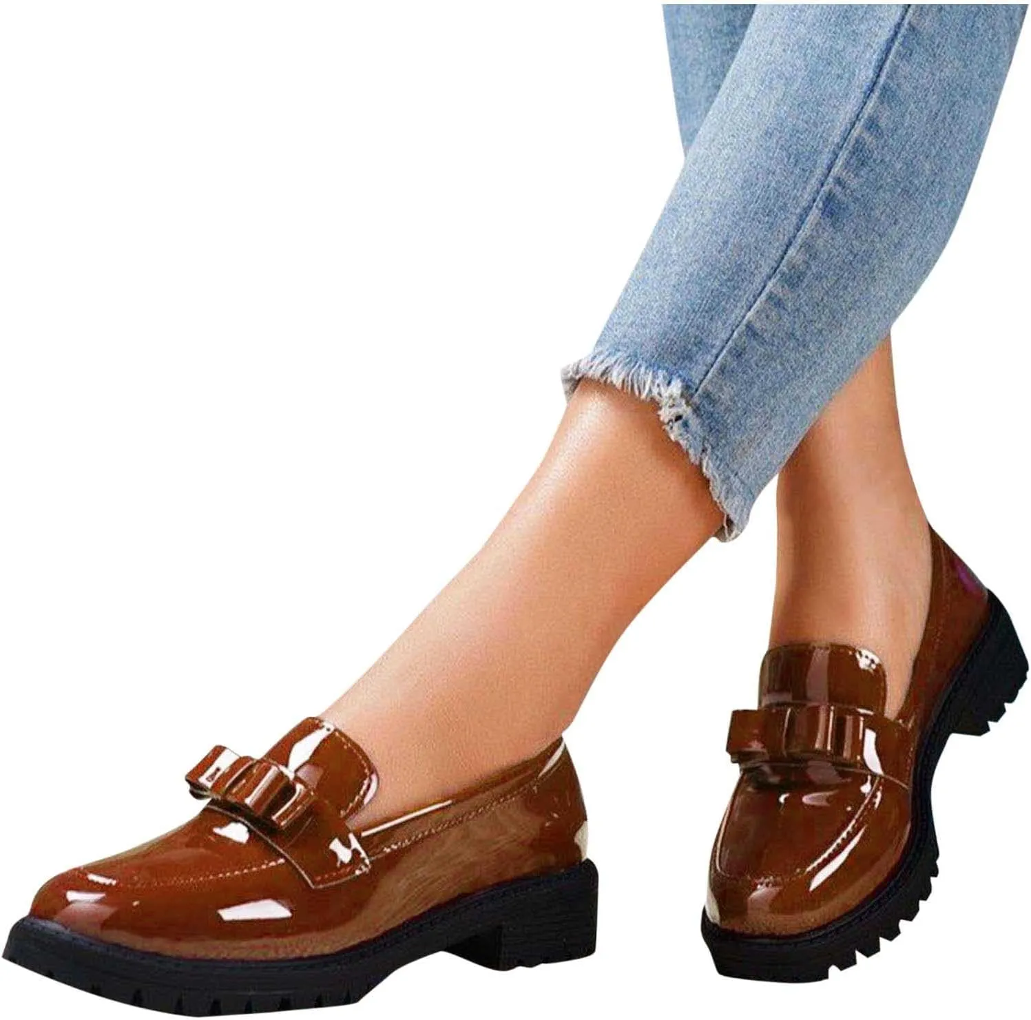 Loafers for Women Patent Platform Chunky Loafers Lug Sole Slip On Business Casual Shoes with Bow for Dressy and Work