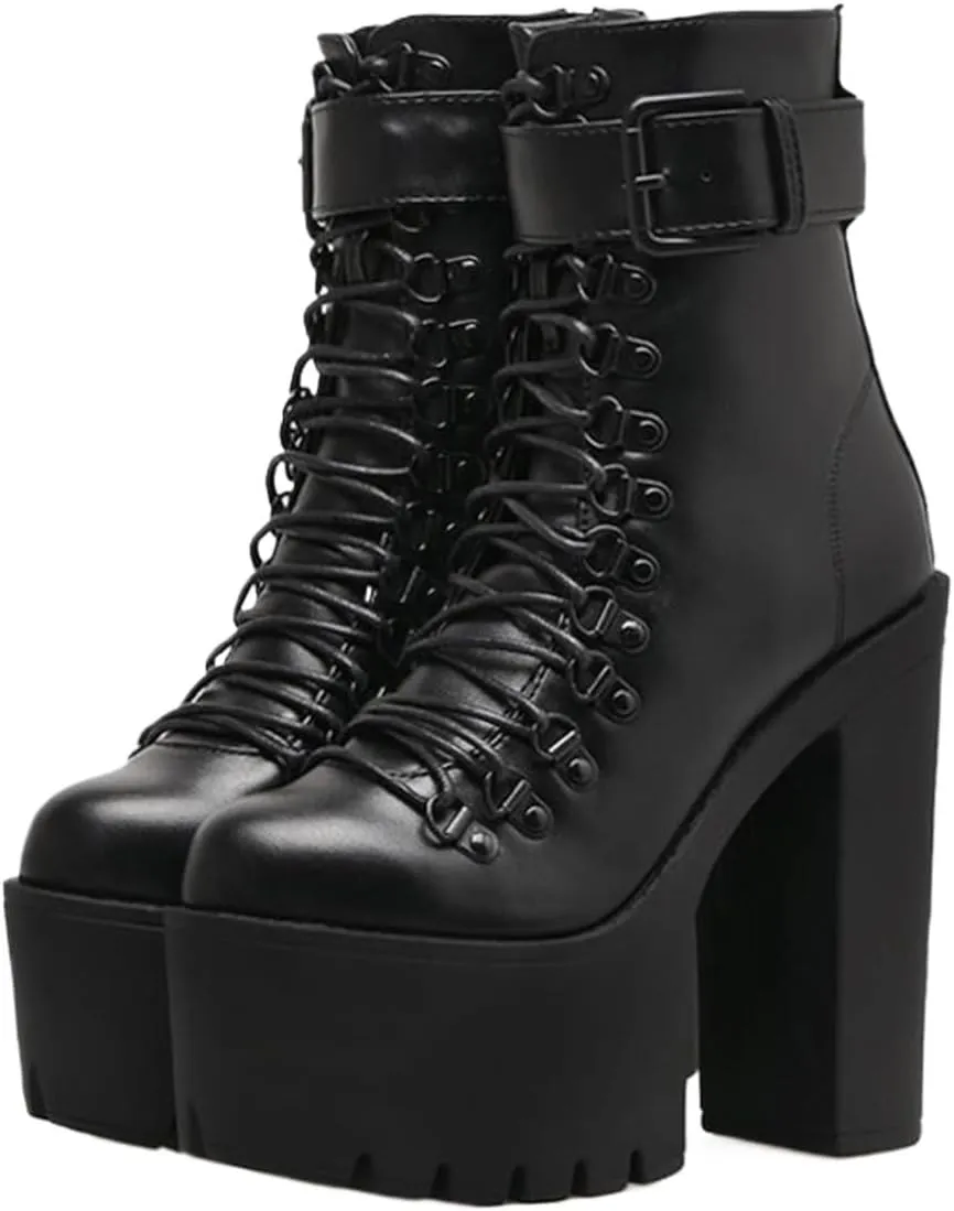Loafers For Women Women's Leather Motorcycle Boots with High Heels, Metal Lacing Buckle, Ankle Zip, Black, Big Size