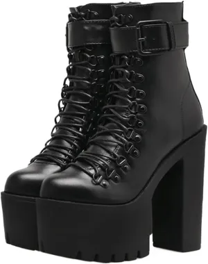 Loafers For Women Women's Leather Motorcycle Boots with High Heels, Metal Lacing Buckle, Ankle Zip, Black, Big Size