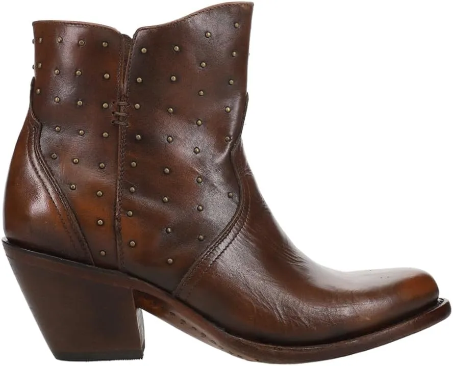 Lucchese Womens Harley Cowhide Studded Round Toe Casual Boots Ankle Mid Heel 2-3" - Black