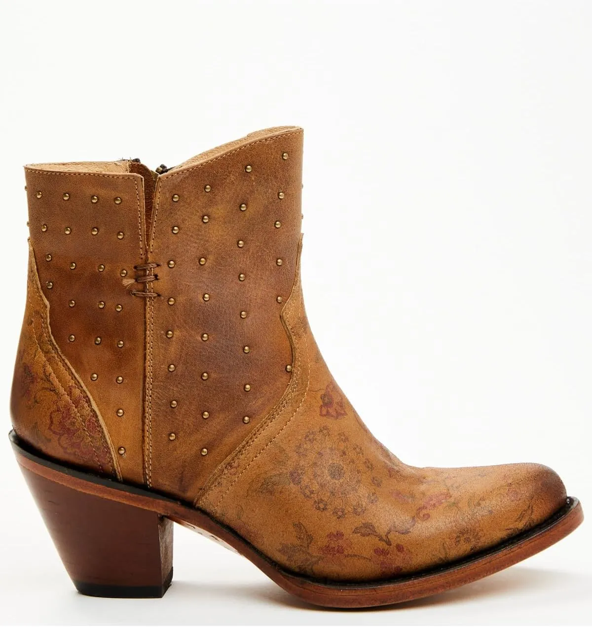 Lucchese Womens Harley Cowhide Studded Round Toe Casual Boots Ankle Mid Heel 2-3" - Black