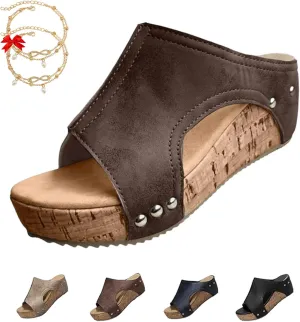 Lumi Cork Wedges, Maison Birch Lumi Cork Wedges, Women's Thick Sole Comfy Leather Wedge Non-slip Orthopedic Sandals