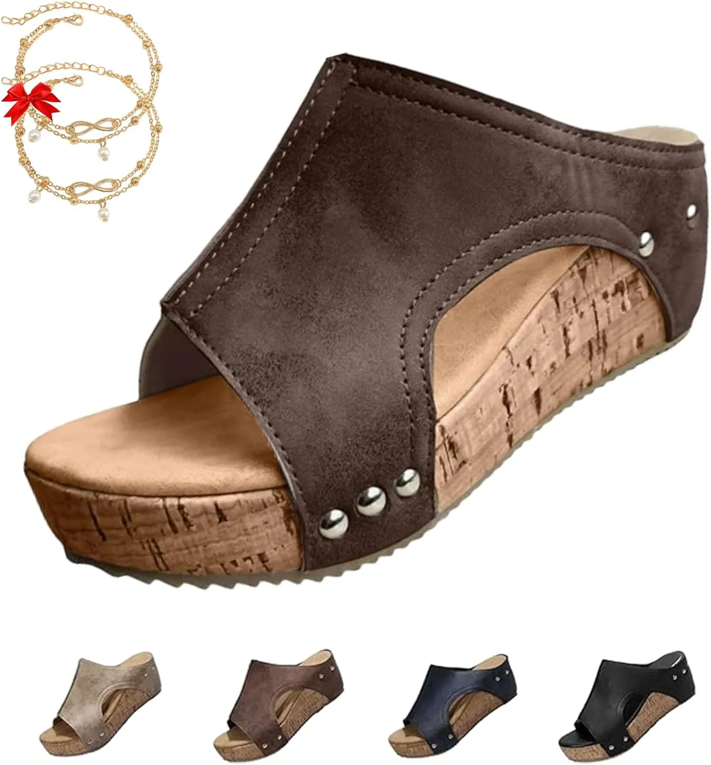 Lumi Cork Wedges, Maison Birch Lumi Cork Wedges, Women's Thick Sole Comfy Leather Wedge Non-slip Orthopedic Sandals