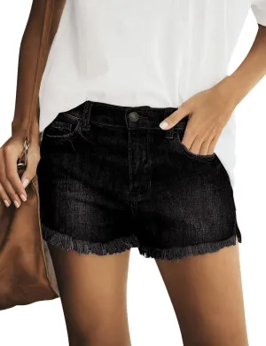 luvamia Women's Casual Mid Rise Denim Shorts Stretch Ripped Raw Hem Jean Shorts