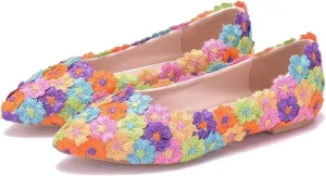 LUXINYU Women Beautiful Pearl Flower Lace Ballet Flats Slip on Lightweight Breathable Flats Comfortable Pointed Toe Casual Dress Shoes