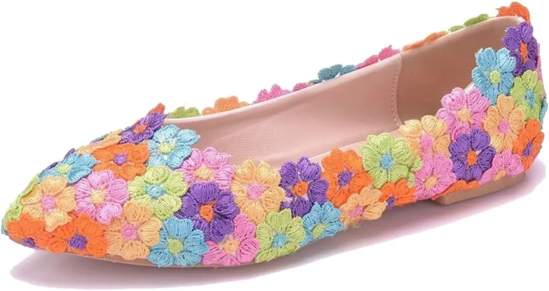 LUXINYU Women Beautiful Pearl Flower Lace Ballet Flats Slip on Lightweight Breathable Flats Comfortable Pointed Toe Casual Dress Shoes