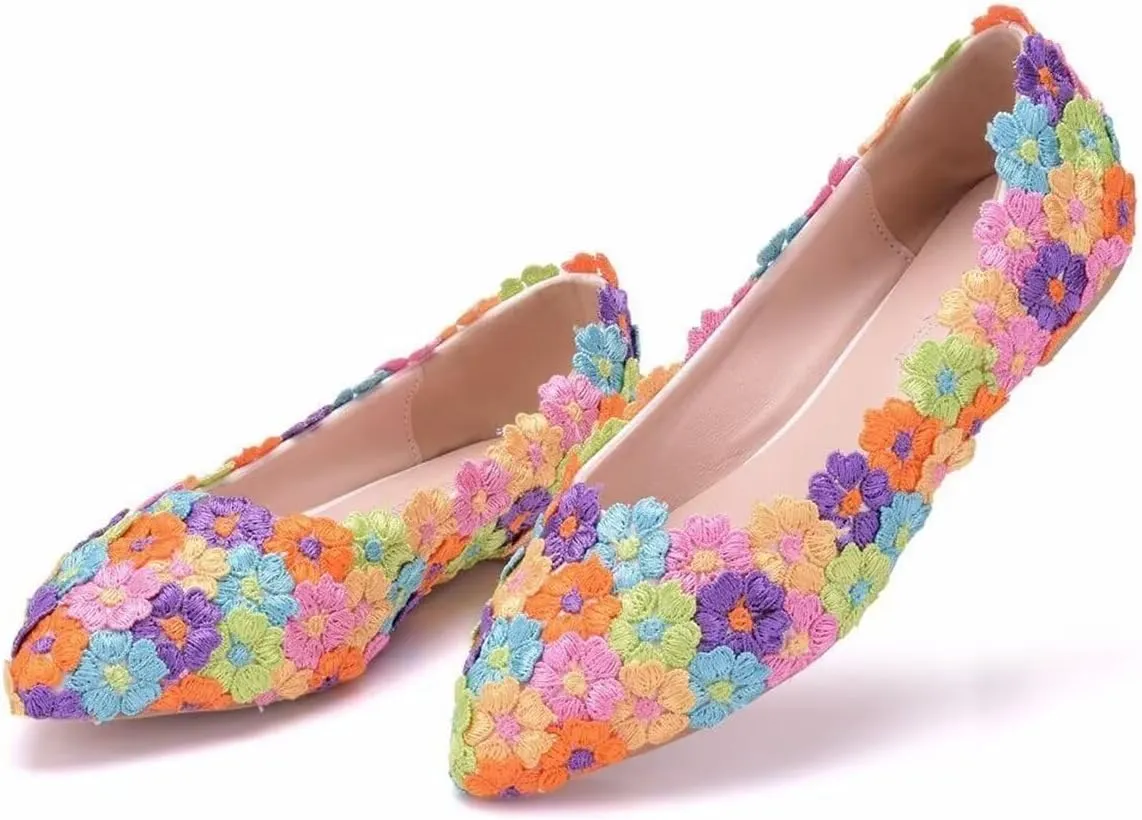 LUXINYU Women Beautiful Pearl Flower Lace Ballet Flats Slip on Lightweight Breathable Flats Comfortable Pointed Toe Casual Dress Shoes