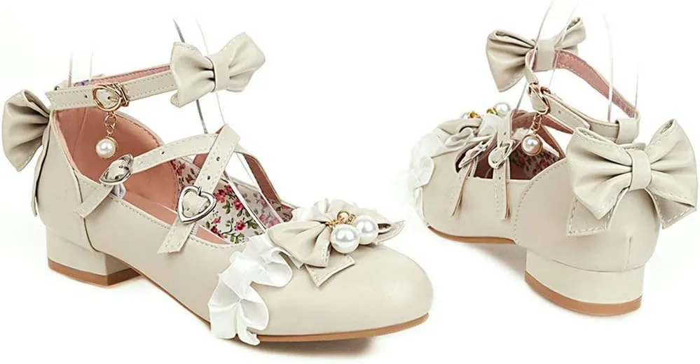 LUXMAX Women Mary Jane Shoes Rockabilly Flats Lace Pumps with Bow