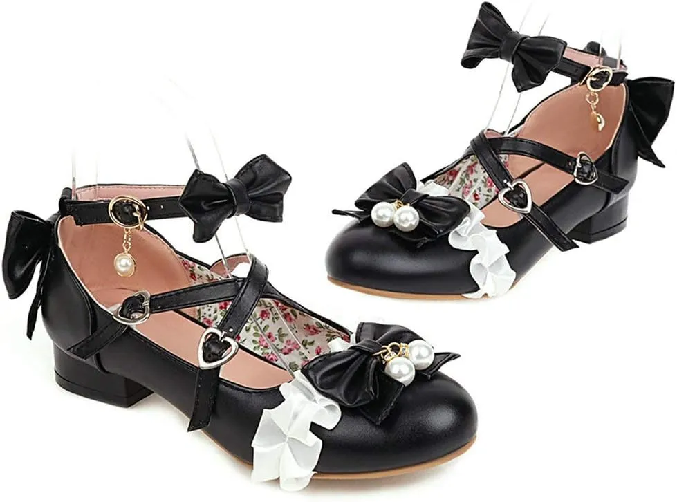 LUXMAX Women Mary Jane Shoes Rockabilly Flats Lace Pumps with Bow