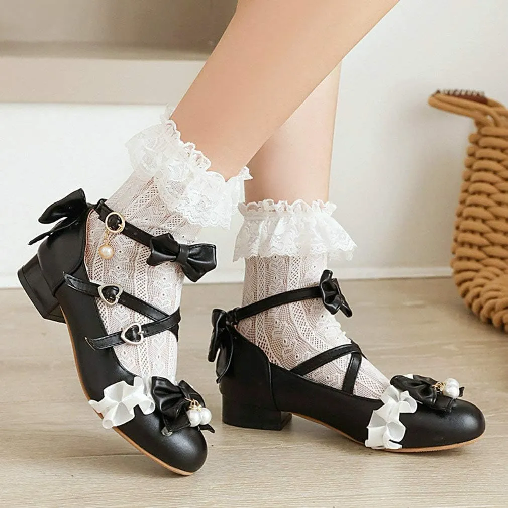LUXMAX Women Mary Jane Shoes Rockabilly Flats Lace Pumps with Bow