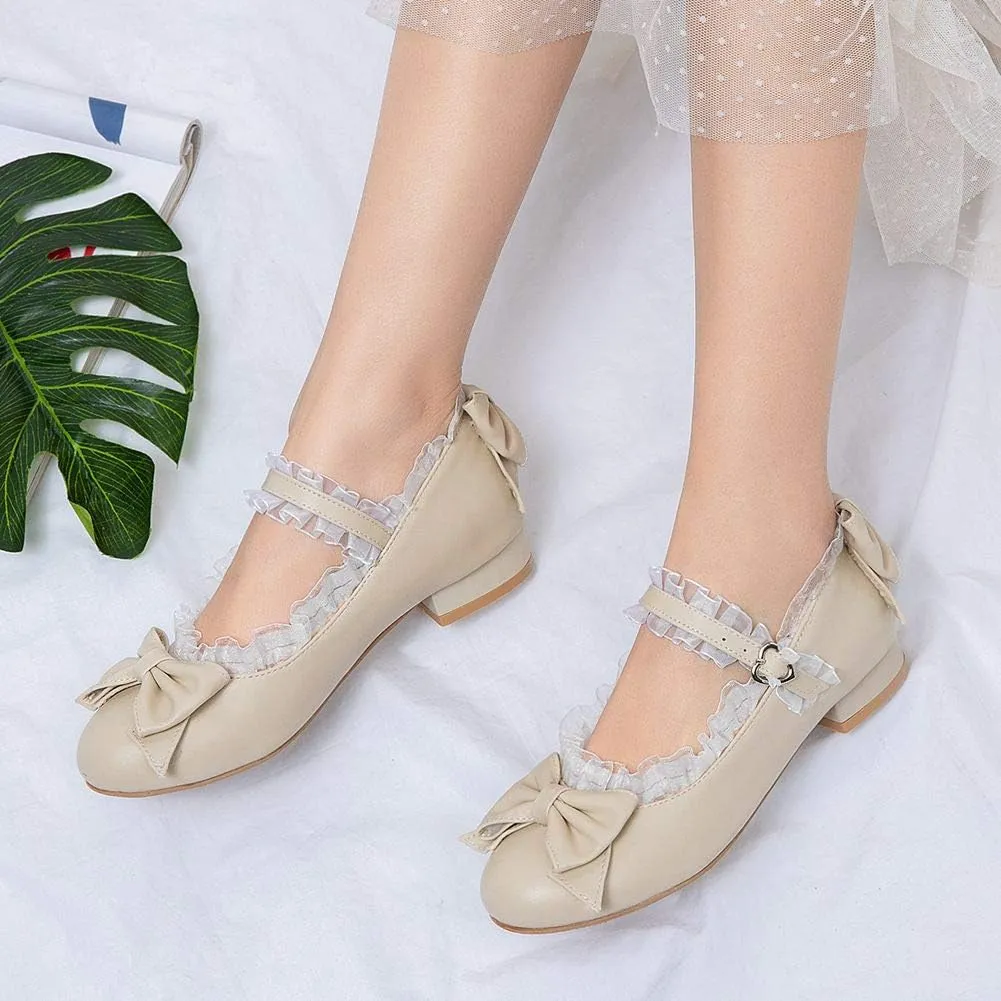 LUXMAX Women Mary Jane Shoes Rockabilly Flats Lace Pumps with Bow