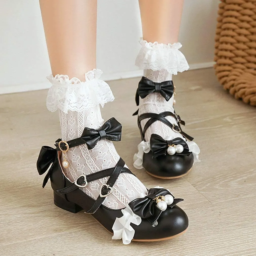 LUXMAX Women Mary Jane Shoes Rockabilly Flats Lace Pumps with Bow