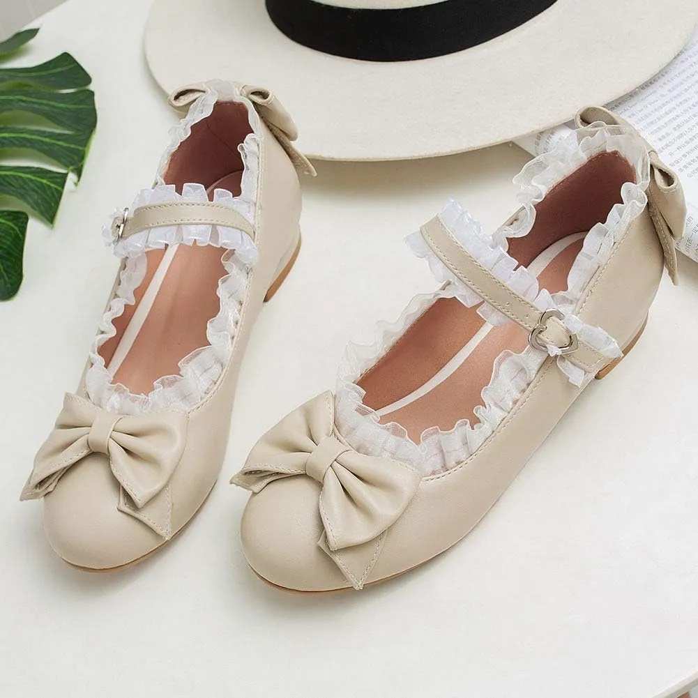 LUXMAX Women Mary Jane Shoes Rockabilly Flats Lace Pumps with Bow