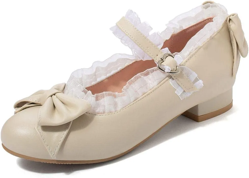 LUXMAX Women Mary Jane Shoes Rockabilly Flats Lace Pumps with Bow