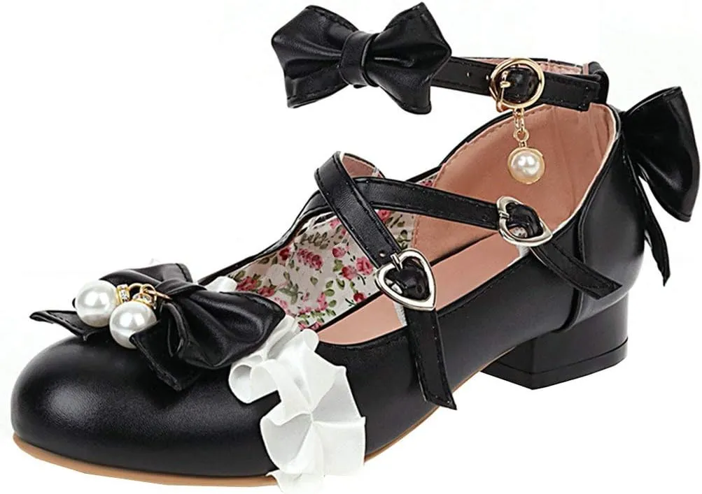 LUXMAX Women Mary Jane Shoes Rockabilly Flats Lace Pumps with Bow