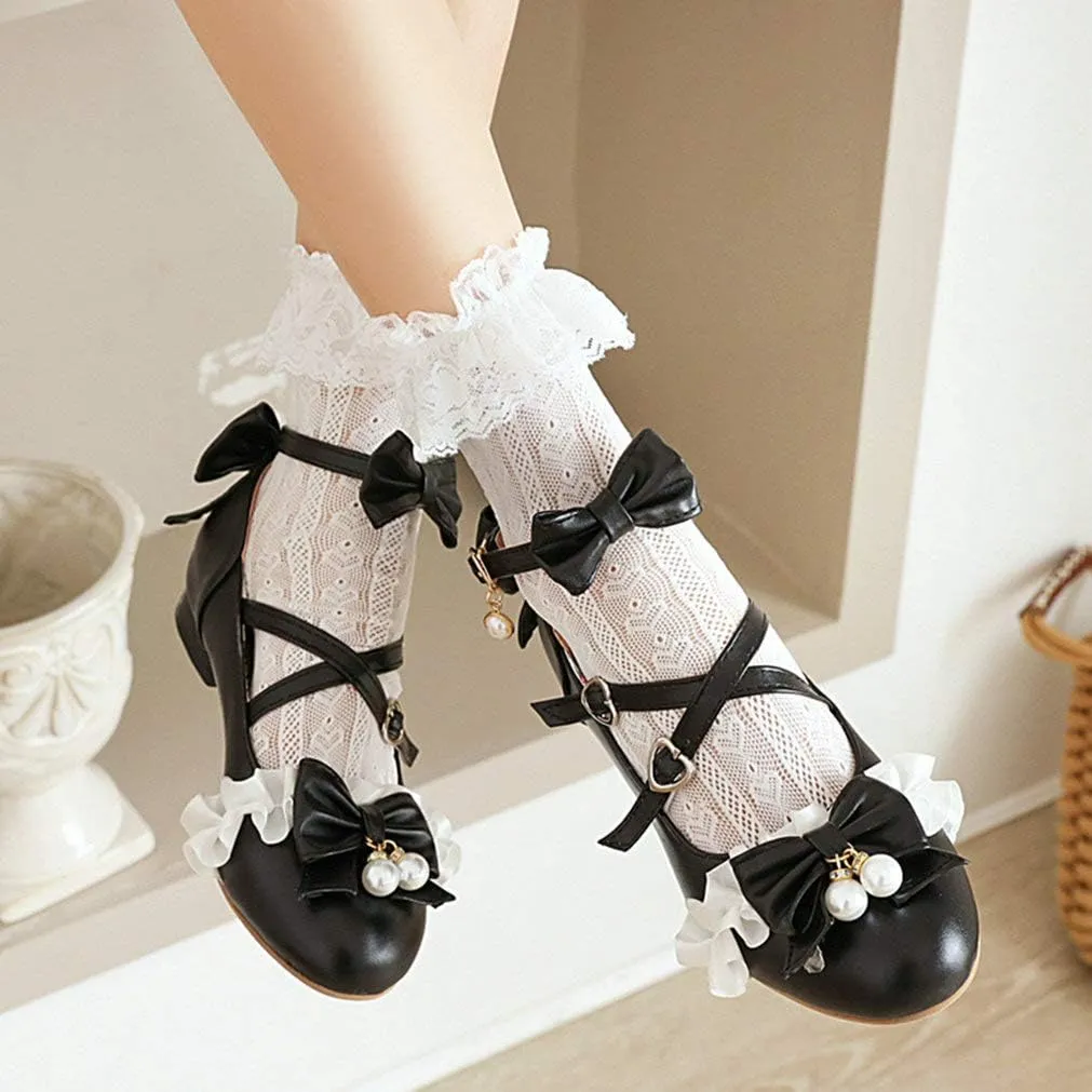 LUXMAX Women Mary Jane Shoes Rockabilly Flats Lace Pumps with Bow