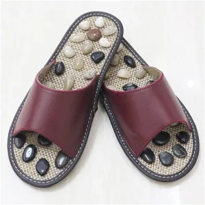 Massage Slippers For Men,Women Unisex Washable Cotton Open-Toe Home Slippers Indoor Shoes Casual Flax Soft Non-Slip Sole Shoes With Natural Cobblestone Stones ( Color : Burgundy color , Size : EUR40 )