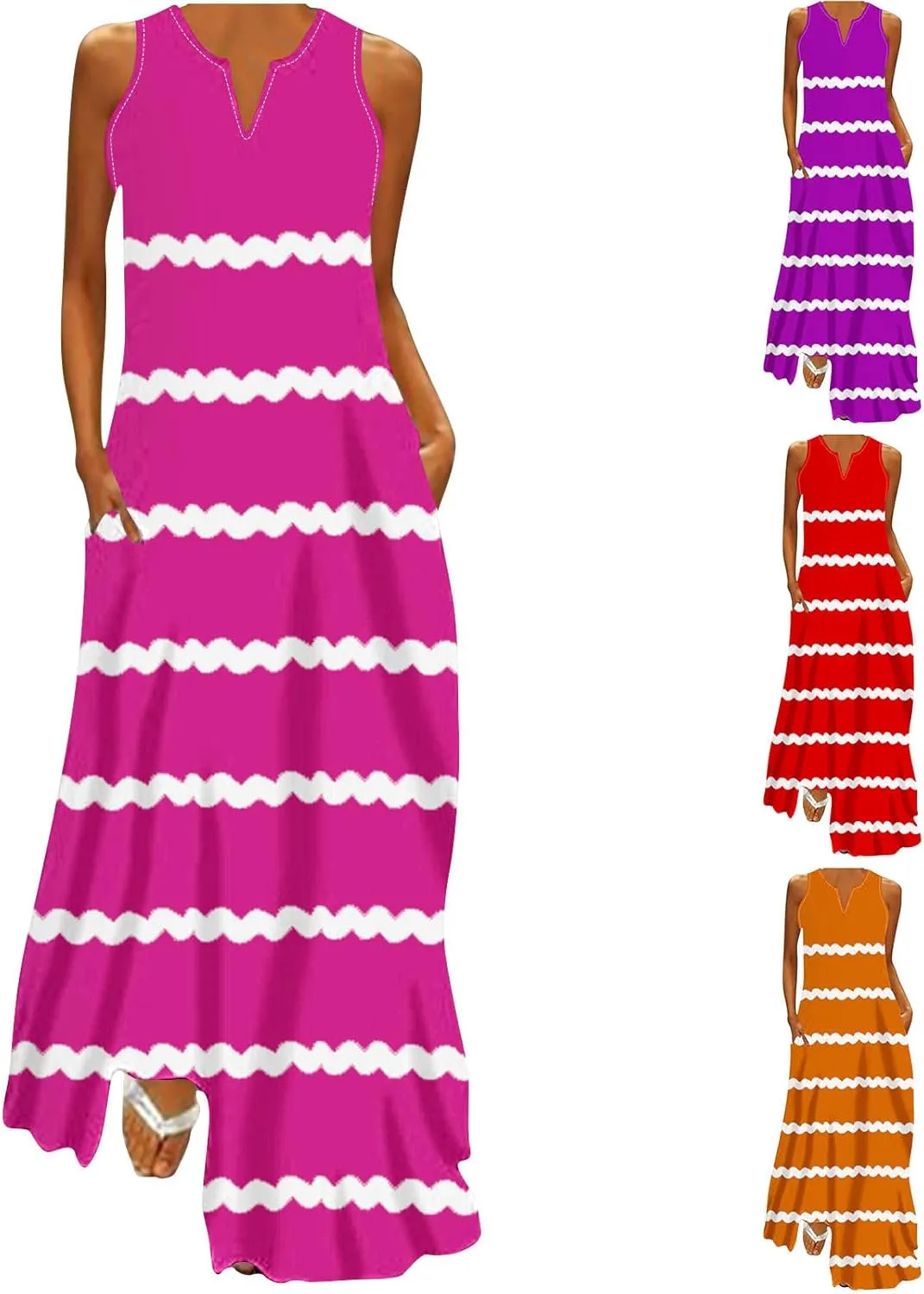 Maxi Dresses for Women Trendy 2024 Sleeveless Striped Print Beach Vacation Long Sundress Causal Party Prom Dress