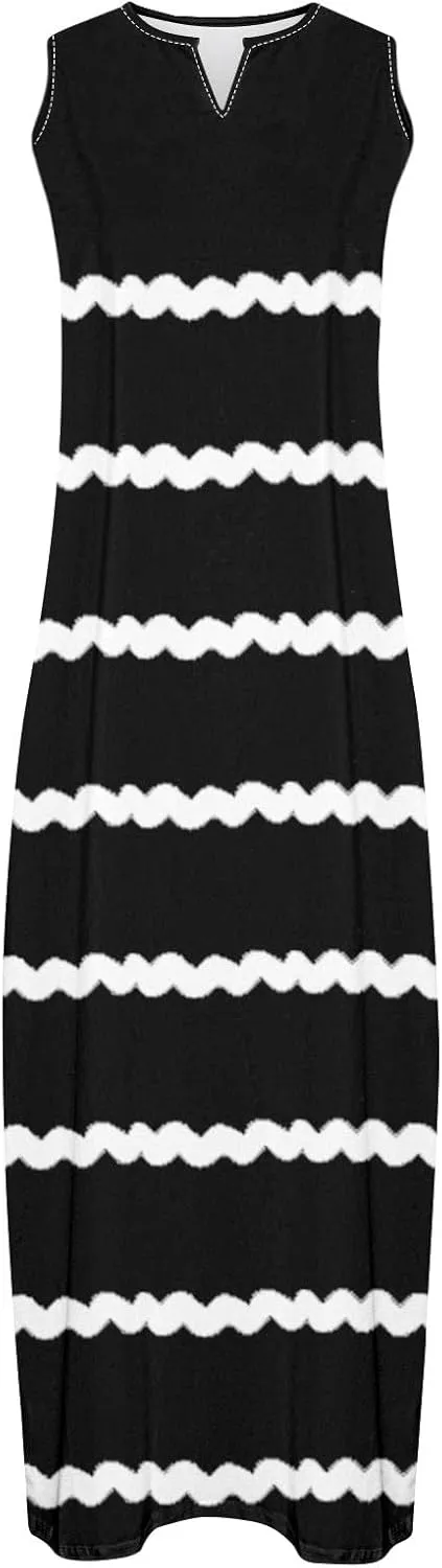 Maxi Dresses for Women Trendy 2024 Sleeveless Striped Print Beach Vacation Long Sundress Causal Party Prom Dress