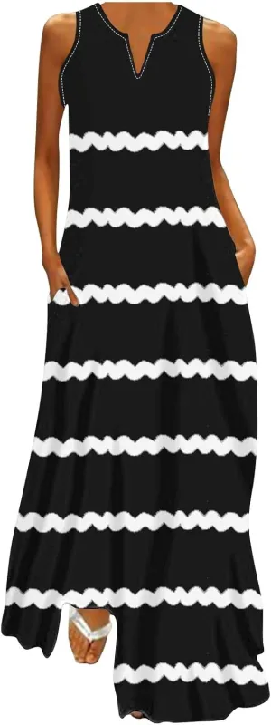 Maxi Dresses for Women Trendy 2024 Sleeveless Striped Print Beach Vacation Long Sundress Causal Party Prom Dress