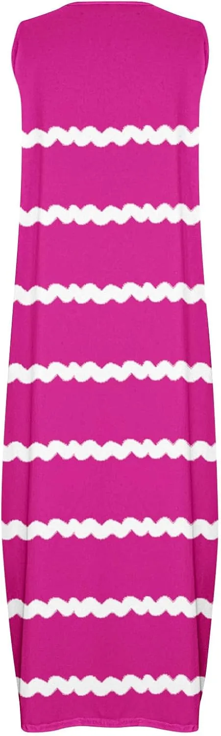 Maxi Dresses for Women Trendy 2024 Sleeveless Striped Print Beach Vacation Long Sundress Causal Party Prom Dress