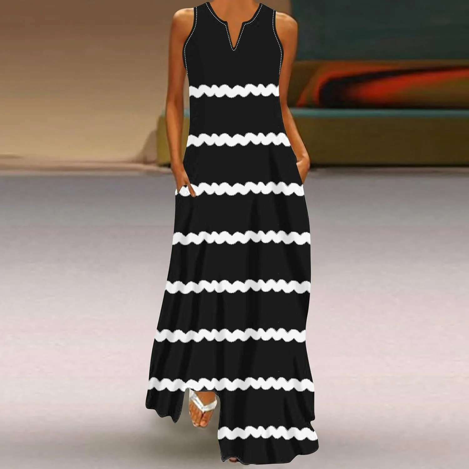 Maxi Dresses for Women Trendy 2024 Sleeveless Striped Print Beach Vacation Long Sundress Causal Party Prom Dress