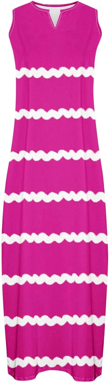 Maxi Dresses for Women Trendy 2024 Sleeveless Striped Print Beach Vacation Long Sundress Causal Party Prom Dress