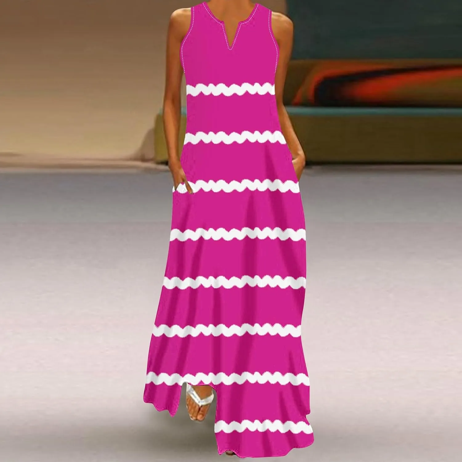 Maxi Dresses for Women Trendy 2024 Sleeveless Striped Print Beach Vacation Long Sundress Causal Party Prom Dress