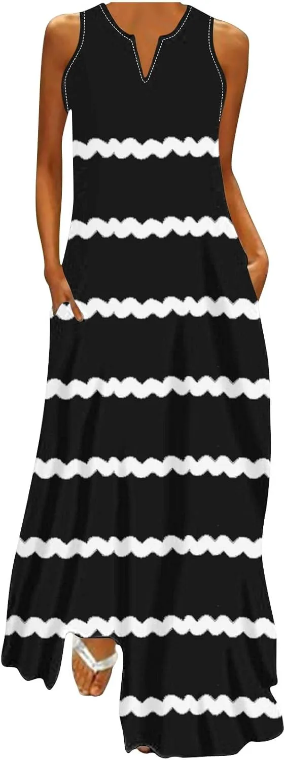 Maxi Dresses for Women Trendy 2024 Sleeveless Striped Print Beach Vacation Long Sundress Causal Party Prom Dress