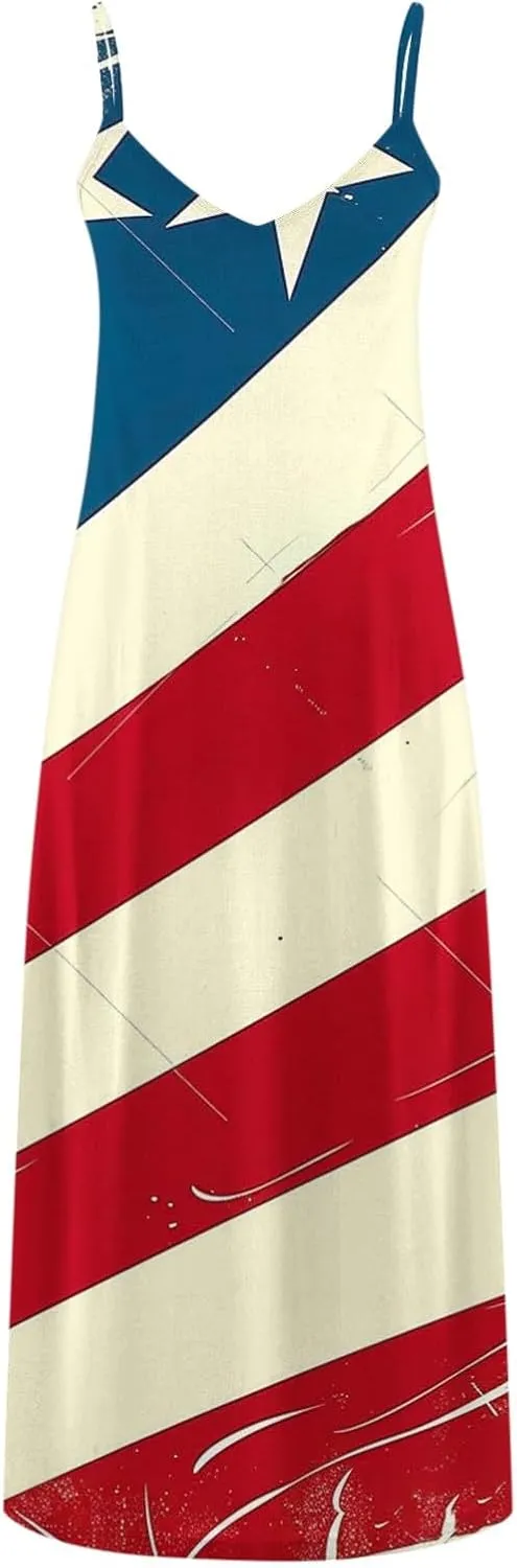 Maxi Dresses for Women's Sleeveless V-Neck Loose Comfy Beach Sundress 4th of July Independence Day Party Dress