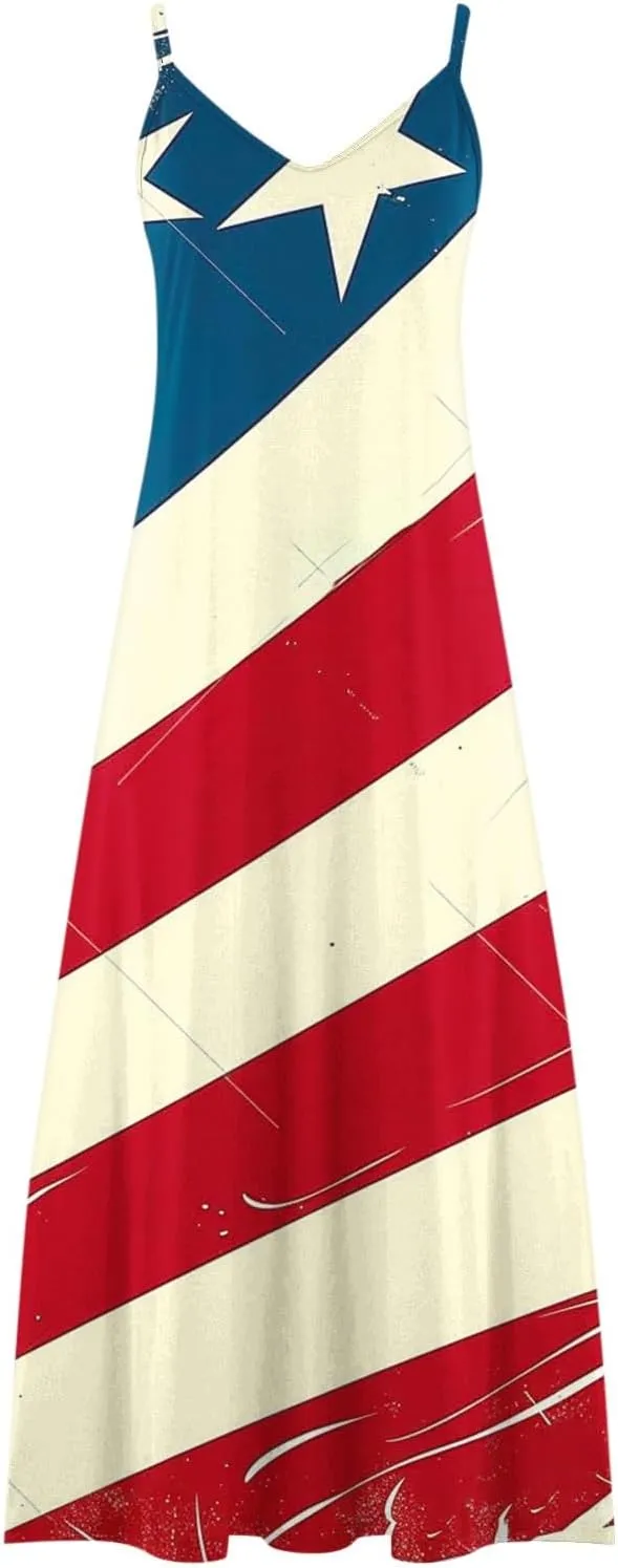Maxi Dresses for Women's Sleeveless V-Neck Loose Comfy Beach Sundress 4th of July Independence Day Party Dress