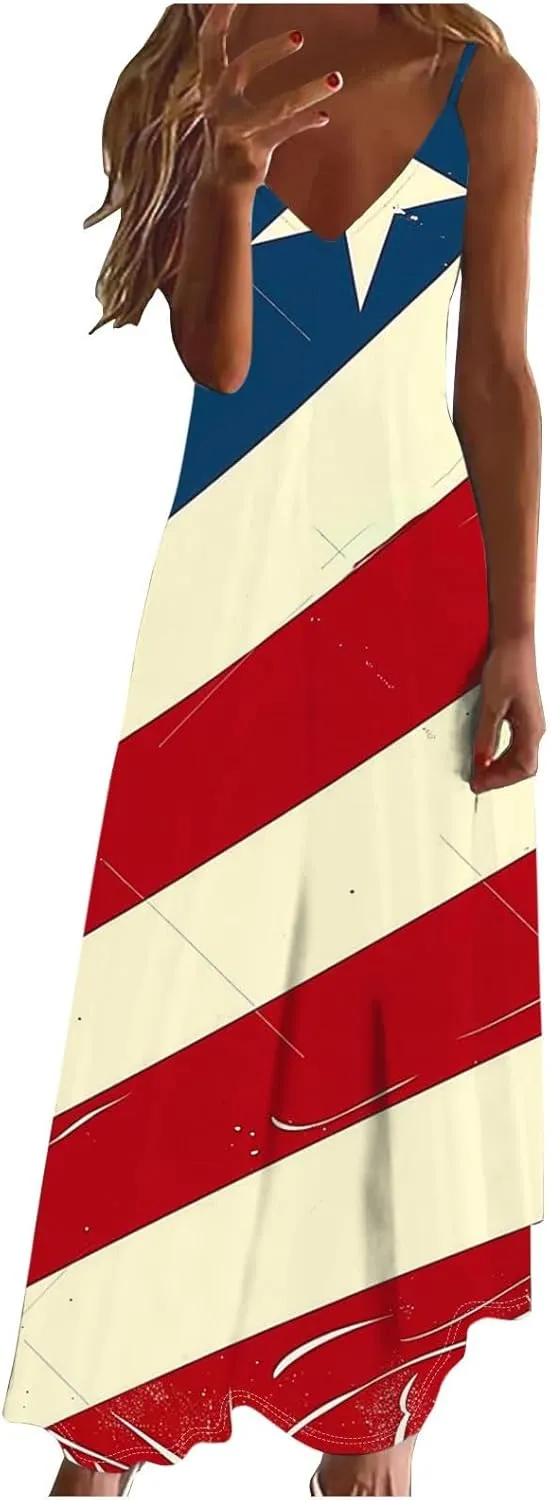 Maxi Dresses for Women's Sleeveless V-Neck Loose Comfy Beach Sundress 4th of July Independence Day Party Dress