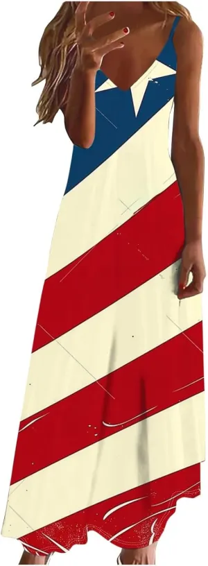 Maxi Dresses for Women's Sleeveless V-Neck Loose Comfy Beach Sundress 4th of July Independence Day Party Dress