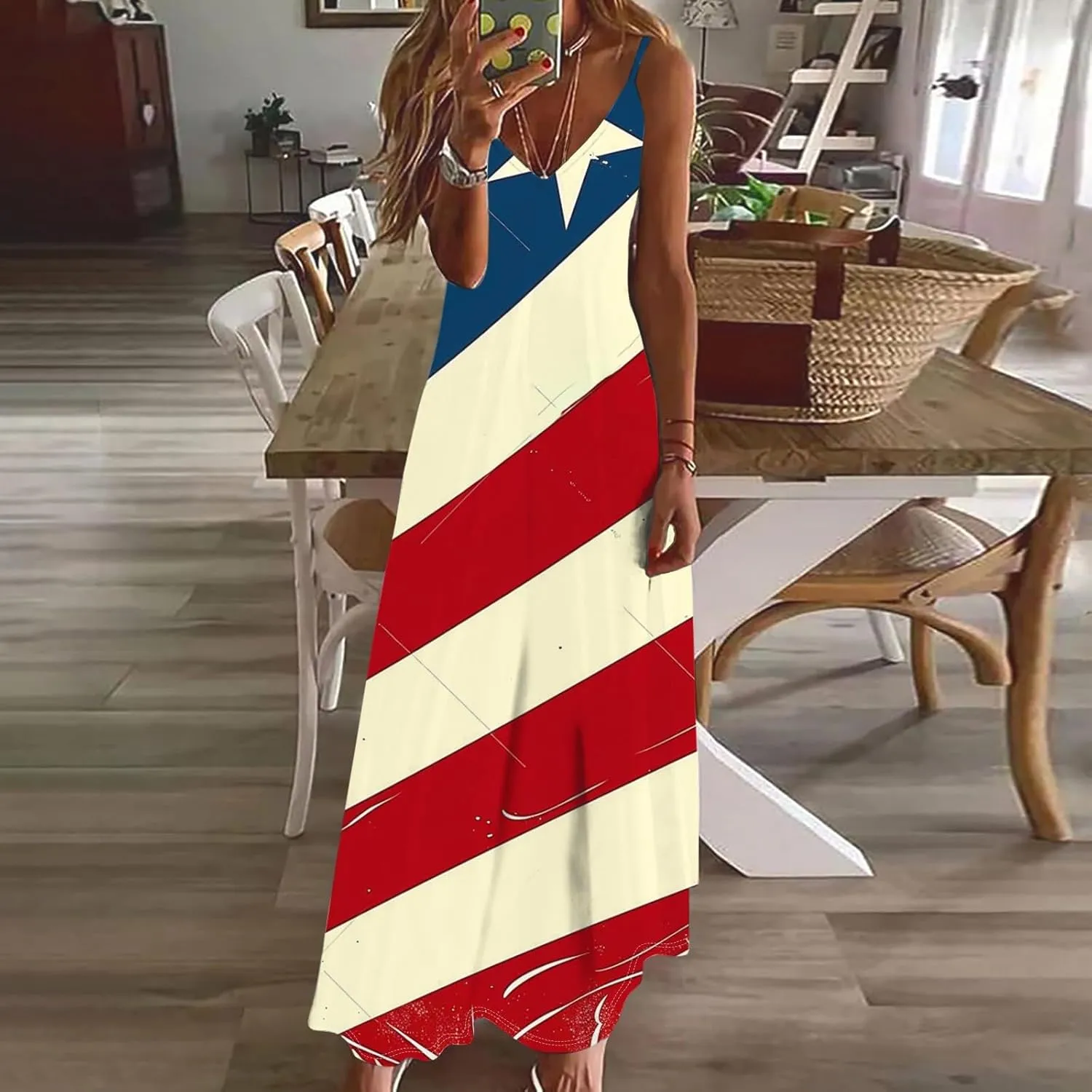 Maxi Dresses for Women's Sleeveless V-Neck Loose Comfy Beach Sundress 4th of July Independence Day Party Dress