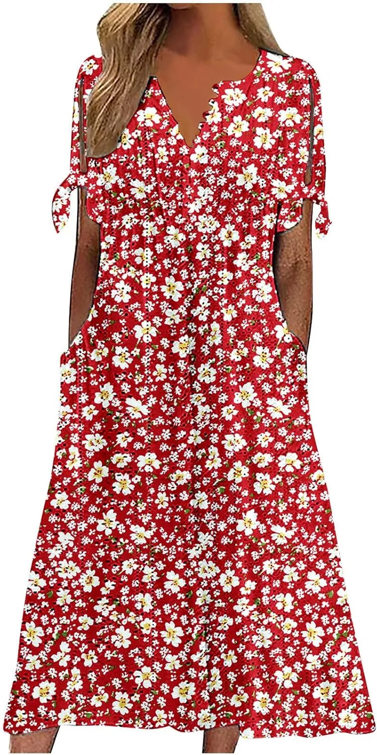 Maxi Long Dresses for Women 2025 Trendy Short Sleeve Eyelet Tshirt Dress Casual Summer Beach Vacation Sundress