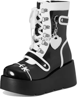 Meefit Women Goth Platform Boots Lolita Kawaii Shoes Wedge High Heel Lace Up Mid Calf Boots Vintage Ankle Boots