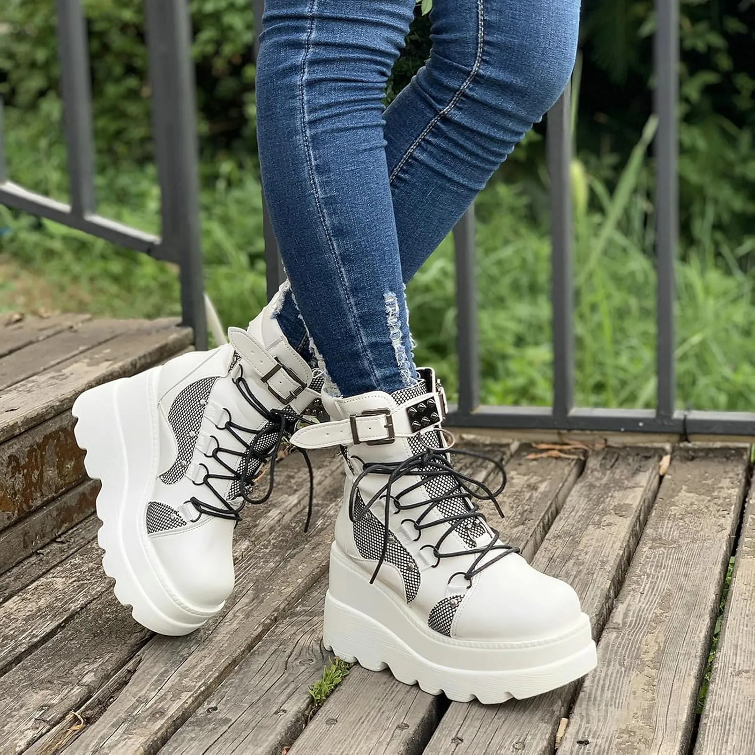 Meefit Women Goth platform Boots Wedge High Heel Lace Up Ankle Boots Round Toe Combat Booties Motorcycle Boot