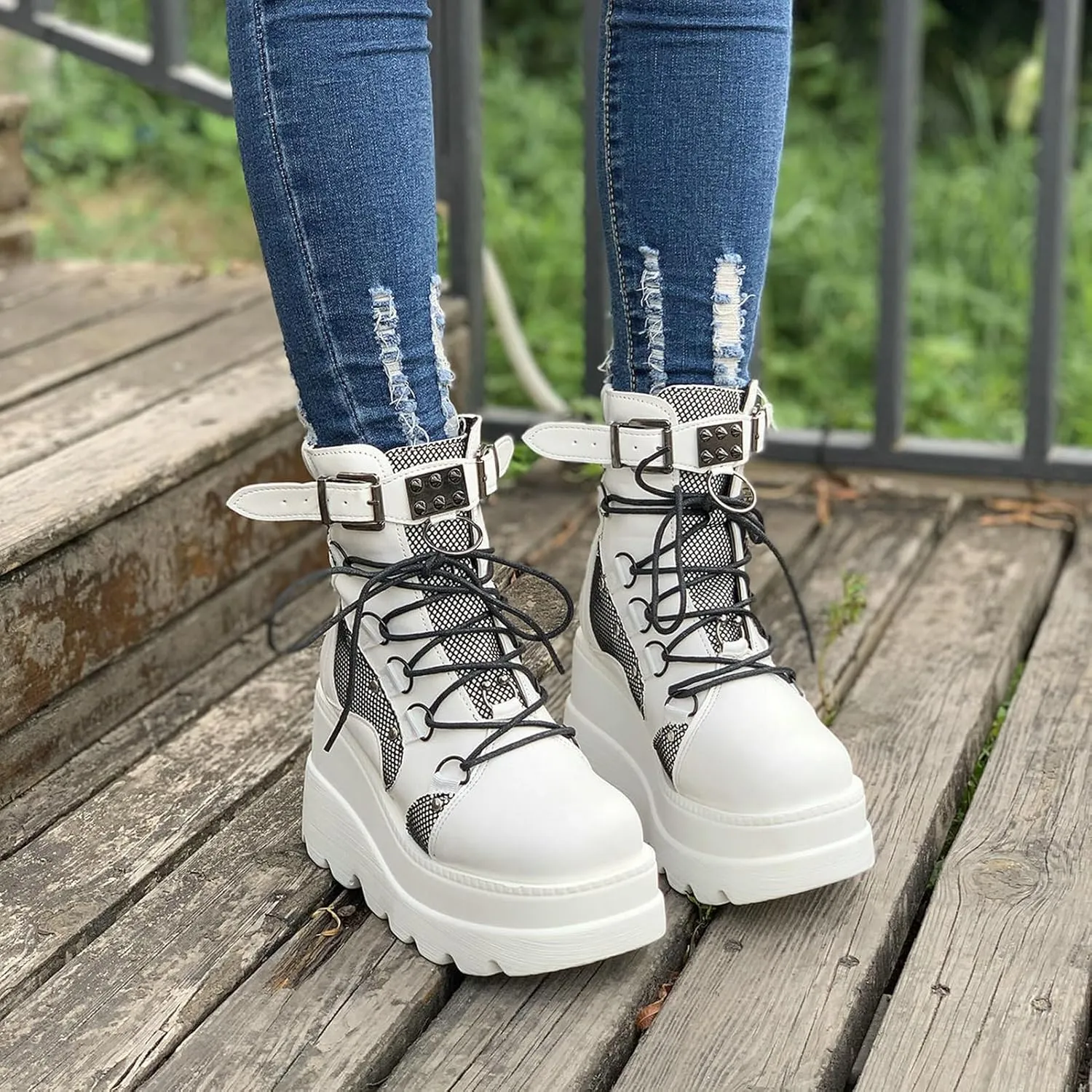 Meefit Women Goth platform Boots Wedge High Heel Lace Up Ankle Boots Round Toe Combat Booties Motorcycle Boot