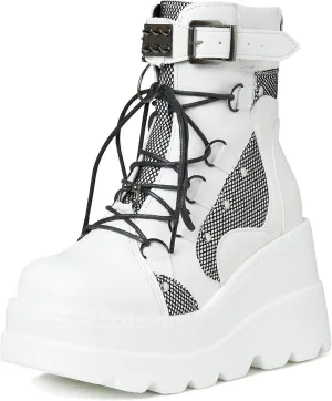 Meefit Women Goth platform Boots Wedge High Heel Lace Up Ankle Boots Round Toe Combat Booties Motorcycle Boot
