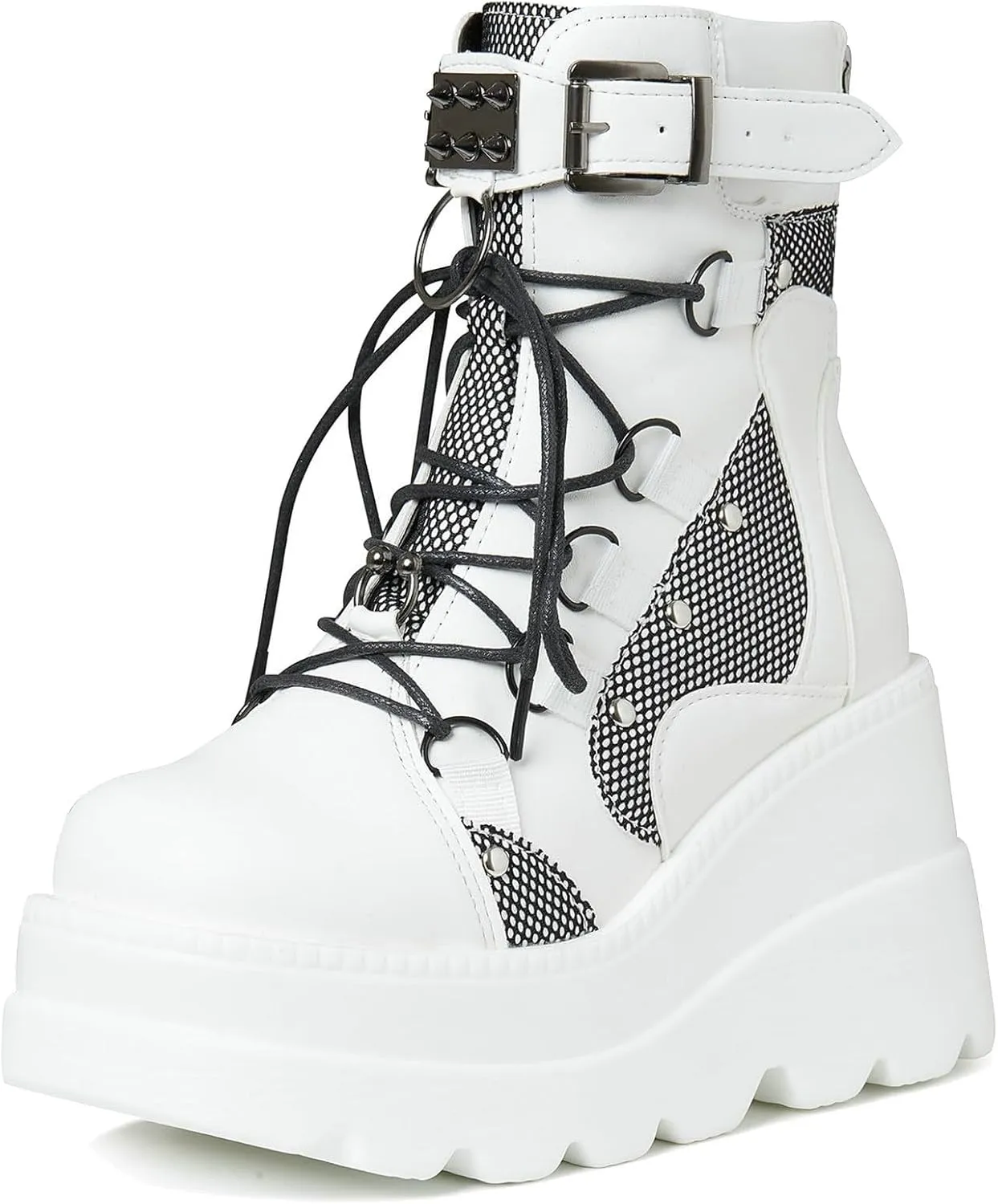 Meefit Women Goth platform Boots Wedge High Heel Lace Up Ankle Boots Round Toe Combat Booties Motorcycle Boot