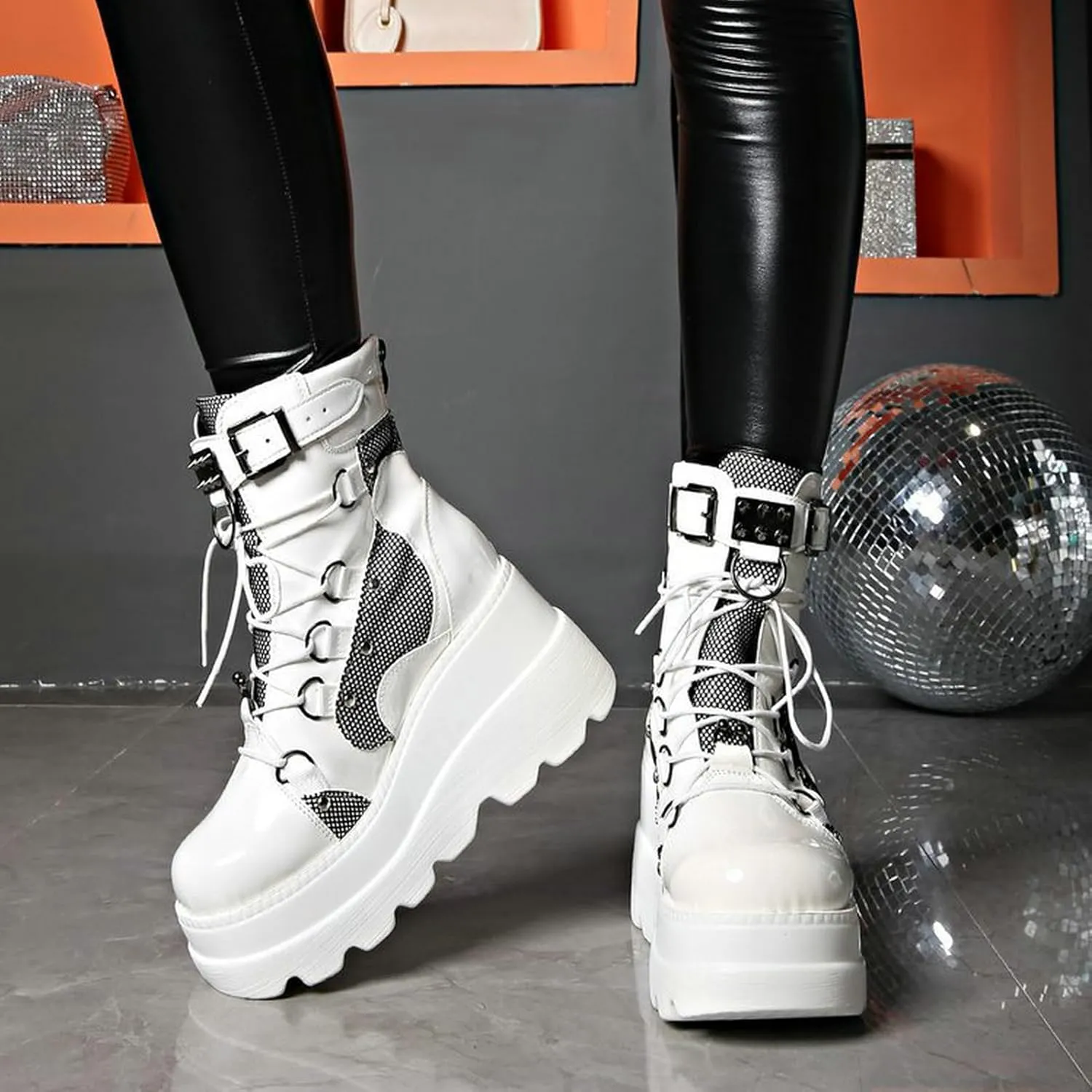 Meefit Women Goth platform Boots Wedge High Heel Lace Up Ankle Boots Round Toe Combat Booties Motorcycle Boot