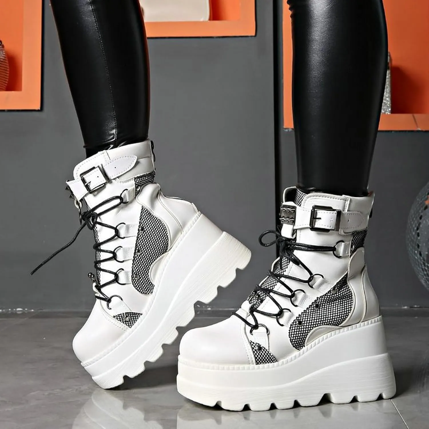 Meefit Women Goth platform Boots Wedge High Heel Lace Up Ankle Boots Round Toe Combat Booties Motorcycle Boot