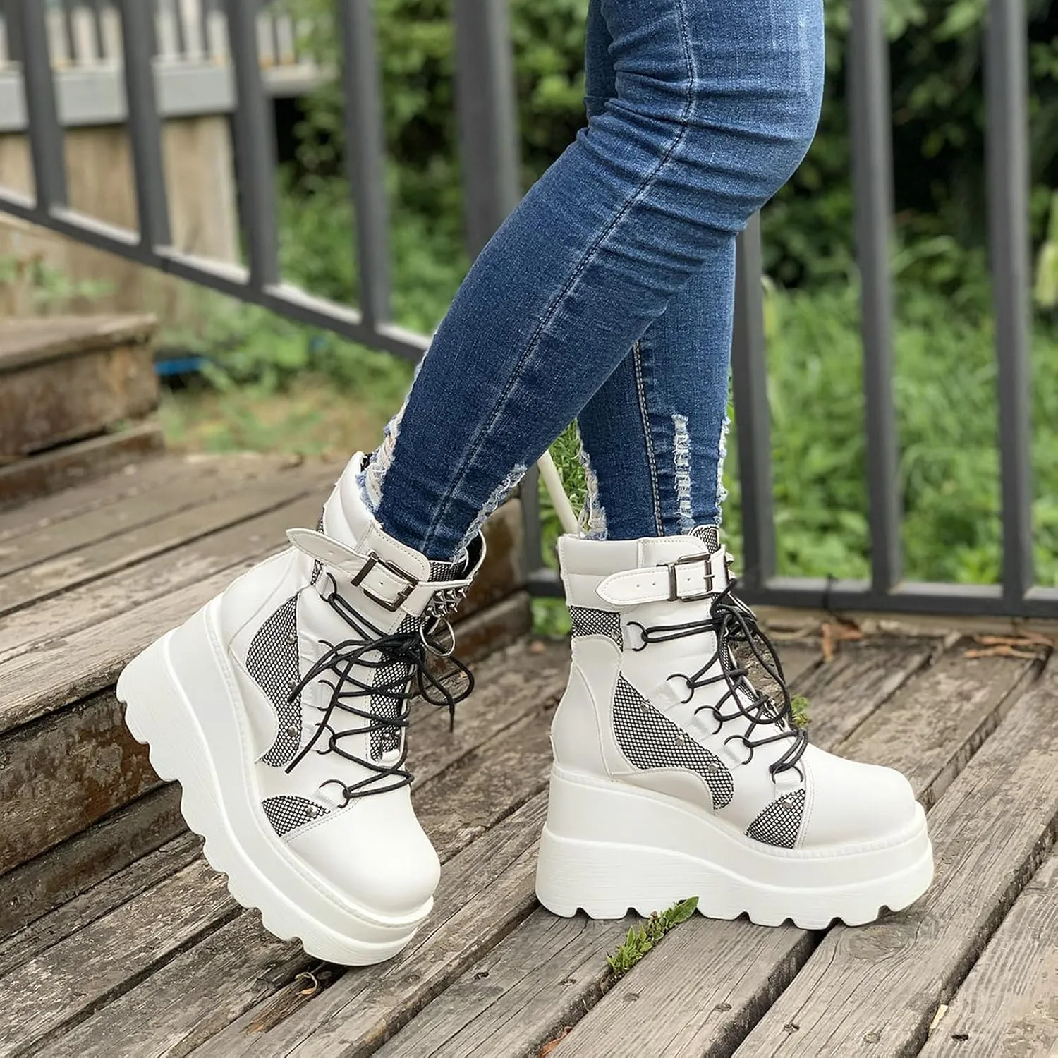 Meefit Women Goth platform Boots Wedge High Heel Lace Up Ankle Boots Round Toe Combat Booties Motorcycle Boot