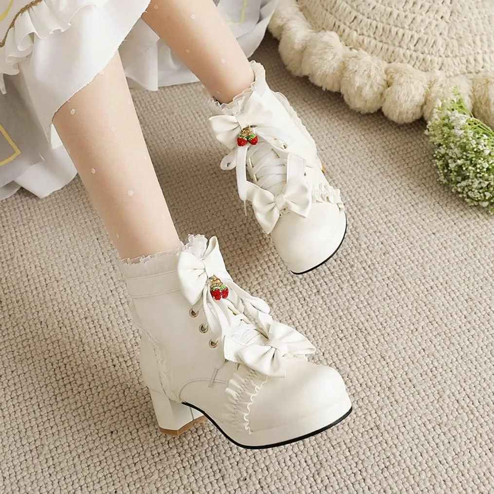 Meefit Women Platform Boots Lace Up Chunky Heel Ankle Boots with Bow Cosplay Winter Shoes