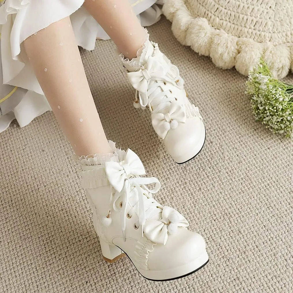 Meefit Women Platform Boots Lace Up Chunky Heel Ankle Boots with Bow Cosplay Winter Shoes