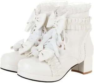 Meefit Women Platform Boots Lace Up Chunky Heel Ankle Boots with Bow Cosplay Winter Shoes