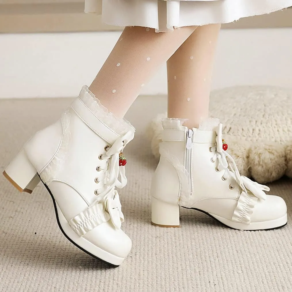 Meefit Women Platform Boots Lace Up Chunky Heel Ankle Boots with Bow Cosplay Winter Shoes