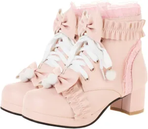 Meefit Women Platform Boots Lace Up Chunky Heel Ankle Boots with Bow Cosplay Winter Shoes
